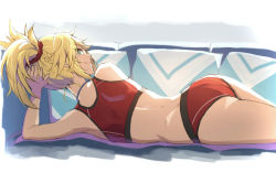 Rule 34 | 1girl, ass, back, bare shoulders, bikini, blonde hair, braid, closed mouth, fate/apocrypha, fate (series), french braid, green eyes, hair ornament, hair scrunchie, long hair, looking at viewer, looking back, lying, mordred (fate), mordred (fate/apocrypha), on side, ponytail, red bikini, red scrunchie, scrunchie, sidelocks, smile, solo, sports bikini, swimsuit, thighs, tonee