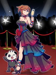Rule 34 | 1girl, akairiot, bare shoulders, black footwear, blue eyes, breasts, brown hair, champagne flute, choker, cleavage, cup, dress, drinking glass, earrings, flower, full body, glint, hand up, high heels, highres, holding, jewelry, medium breasts, one eye closed, original, outline, panda, ponytail, red flower, samantha (admiral bahroo), sandals, strapless, strapless dress, umeru (admiral bahroo), walking, white outline