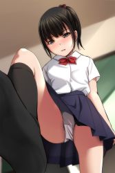 Rule 34 | 1girl, absurdres, black hair, black socks, blurry, blurry background, blush, bow, chalkboard, classroom, collared shirt, commentary request, depth of field, from below, highres, kneehighs, looking to the side, matsunaga kouyou, nose blush, open mouth, original, panties, pleated skirt, ponytail, red bow, school uniform, serafuku, shirt, short hair, short sleeves, skirt, socks, solo, standing, standing on one leg, stepped on, underwear, white panties, white shirt