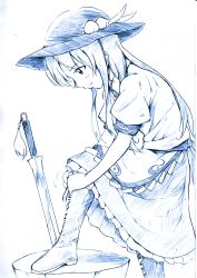 Rule 34 | 1girl, blue theme, boots, female focus, food, fruit, hat, hinanawi tenshi, leaning forward, long hair, monochrome, peach, profile, rock, sketch, solo, sword, sword of hisou, touhou, traditional media, tying, vent arbre, weapon