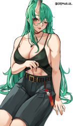 Rule 34 | 1girl, abs, absurdres, arknights, artist name, belt, breasts, brown eyes, cleavage, clothes lift, collarbone, cromwellb, green hair, highres, horns, hoshiguma (arknights), large breasts, lifting own clothes, long hair, looking at viewer, muscular, muscular female, navel, one eye closed, piercing, ponytail, shirt lift, simple background, single horn, solo, tongue, tongue out, tongue piercing, twitter username