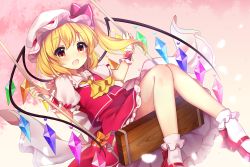 Rule 34 | 1girl, :d, ascot, blonde hair, cherry blossoms, commentary request, flandre scarlet, hat, open mouth, petals, pink background, red eyes, red skirt, ruhika, short hair, side ponytail, sitting, skirt, smile, socks, solo, swing, touhou, wings, yellow ascot
