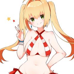 Rule 34 | 1girl, alternate hairstyle, bikini, blonde hair, breasts, closed mouth, fate/grand order, fate (series), green eyes, hair intakes, halterneck, hand on own hip, highres, large breasts, long hair, looking at viewer, navel, nero claudius (fate), nero claudius (fate) (all), nero claudius (swimsuit) (fate), nero claudius (swimsuit caster) (fate), simple background, smile, solo, star (symbol), striped bikini, striped clothes, swimsuit, takae (poupee en biscuit), twintails, v, white background