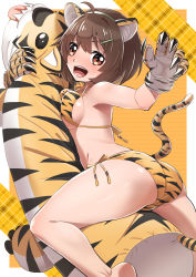 Rule 34 | 1girl, absurdres, animal ears, animal hands, animal print, ass, bikini, blush, brave witches, breasts, brown eyes, brown hair, chinese zodiac, fake animal ears, fake tail, gloves, hasegawa (hase popopo), highres, karibuchi hikari, looking at viewer, medium breasts, open mouth, paw gloves, side-tie bikini bottom, solo, swimsuit, tail, tiger ears, tiger print, tiger tail, world witches series, year of the tiger