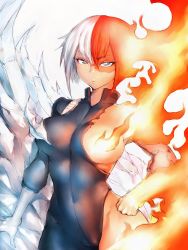 Rule 34 | 10s, 1girl, bodysuit, boku no hero academia, breasts, fire, fumio (rsqkr), genderswap, genderswap (mtf), gloves, hand on own hip, ice, lips, looking at viewer, parted lips, short hair, grey eyes, simple background, single glove, solo, thighs, todoroki shouto, torn bodysuit, torn clothes, white background
