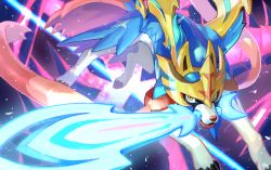 Rule 34 | blue fur, claws, commentary request, creatures (company), game freak, gen 8 pokemon, legendary pokemon, looking at viewer, mouth hold, nintendo, no humans, pokemon, pokemon (creature), solo, sword, tapioka chaso, weapon, yellow eyes, zacian, zacian (crowned)