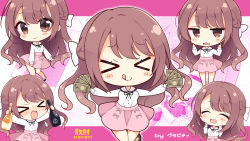 Rule 34 | &gt; &lt;, 1girl, :&gt;, :d, :q, ^ ^, aoi yun, big head, black ribbon, blush, bottle, bow, braid, brown eyes, brown hair, chibi, closed eyes, collared shirt, commentary request, double middle finger, drooling, hair bow, hands on own face, hands up, holding, holding bottle, long hair, long sleeves, middle finger, money, mouth drool, multiple views, neck ribbon, official art, open mouth, original, pink skirt, pleated skirt, puffy long sleeves, puffy sleeves, ribbon, shirt, skirt, smile, tongue, tongue out, translation request, very long hair, wavy mouth, white bow, white shirt, xd