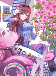 Rule 34 | 1girl, animal print, artist name, bodysuit, bracer, breasts, brown eyes, brown hair, d.va (overwatch), facepaint, facial mark, flower, food, gloves, headphones, high collar, holding, holding food, ice cream cone, ivy, leafyanna, long hair, looking at viewer, matching hair/eyes, mecha, medium breasts, meka (overwatch), open mouth, outdoors, overwatch, overwatch 1, pilot suit, plant, rabbit print, ribbed bodysuit, robot, shoulder pads, signature, sitting, sitting on object, skin tight, smile, solo, swept bangs, vines, whisker markings, white gloves