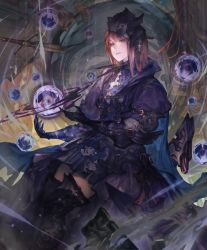 Rule 34 | 1girl, artist request, boots, broken, broken sword, broken weapon, brown hair, cygames, darkness, dress, frills, gilnelise omen of craving, gloves, hair ornament, hair ribbon, looking at viewer, official art, orb, puffy sleeves, purple eyes, ribbon, ruins, shadowverse, smirk, sword, thigh boots, thighhighs, weapon