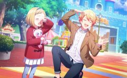 Rule 34 | 1boy, 1girl, bad source, blonde hair, brown jacket, child, closed eyes, collared shirt, crying, hair between eyes, highres, holding, holding stuffed toy, jacket, long sleeves, official art, on one knee, open clothes, open jacket, open mouth, palms, pants, pop in my heart!! (project sekai), project sekai, shirt, skirt, stuffed toy, sweater, teeth, tenma tsukasa, third-party source, upper teeth only