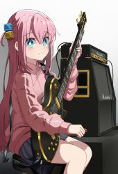 Rule 34 | 1girl, absurdres, amplifier, black skirt, blue eyes, blush, bocchi the rock!, breakdiamond, bright pupils, cable, crossed bangs, cube hair ornament, electric guitar, from side, gibson les paul, gotoh hitori, guitar, hair ornament, highres, holding, holding instrument, instrument, jacket, light smile, long hair, long sleeves, looking at viewer, marshall, one side up, pink hair, pink jacket, pleated skirt, plectrum, shadow, sitting, skirt, solo, stool, track jacket, white pupils
