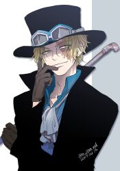 Rule 34 | 1boy, absurdres, artist name, ascot, assault rifle, bad id, bad pixiv id, black hat, blonde hair, closed mouth, dated, fn scar, gloves, goggles, goggles on headwear, grey gloves, gun, hat, highres, lead pipe, long sleeves, male focus, nakumonaga uma, one piece, open clothes, rifle, sabo (one piece), scar, scar across eye, scar on face, short hair, smile, solo, top hat, unworn eyewear, weapon, weapon on back, white ascot, yellow eyes