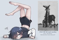 1other absurdres aircraft airplane androgynous bare_legs black_shirt black_shorts blue_eyes closed_mouth commentary crash_landing f8f_bearcat glasses highres looking_at_viewer m1saki_1 mixed-language_text one_eye_closed original personification photo-referenced royal_thai_air_force shirt shorts simple_background solo squiggle sweat symbol-only_commentary thai_text top-down_bottom-up translated undershirt upside-down white_background white_undershirt