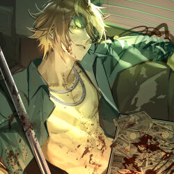 Rule 34 | 1boy, abs, arm rest, banknote, blood, blood on body, blood on chest, blood on clothes, blood on face, bloody weapon, brown hair, chain necklace, collared shirt, couch, eyewear on head, from argonavis, from side, green eyes, green shirt, hayasaka kouhei, head tilt, highres, jewelry, leaning back, light rays, looking at viewer, male focus, money, necklace, on couch, open clothes, open shirt, pectorals, rebar, shirt, single sidelock, smirk, solo, sunglasses, sunlight, swept bangs, upper body, wago, weapon, window blinds