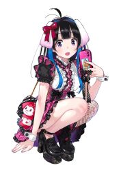 Rule 34 | 1girl, ahoge, animal ears, bag, black bow, black hair, bow, breasts, cellphone, commentary, cover, cover page, dog ears, dress, dress bow, fake animal ears, fang, fishnet thighhighs, fishnets, frilled dress, frills, hair bow, highres, holding, holding phone, kanojo okarishimasu, knees, lolita fashion, long hair, looking at viewer, manga cover, medium breasts, miyajima reiji, multicolored hair, official art, open mouth, phone, pink dress, plaid, plaid dress, platform footwear, platform heels, puffy sleeves, purple eyes, red bow, shoulder bag, simple background, single thighhigh, smartphone, solo, squatting, streaked hair, stuffed toy, thighhighs, thighs, white background, white wrist cuffs, wrist cuffs, yaemori mini