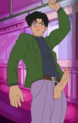 Rule 34 | 1boy, absurdres, artist request, bishoujo senshi sailor moon, black hair, blue eyes, blush, chiba mamoru, erection, highres, looking at viewer, male focus, penis, solo, testicles, train