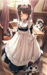 Rule 34 | 1girl, :3, absurdres, animal ears, apron, black dress, black footwear, bloom, blunt bangs, blush, box, breasts, brown hair, cardboard box, commentary, curtains, dog, dog ears, dog girl, dress, flower, frilled apron, frills, hair flower, hair ornament, heterochromia, highres, holding, holding teapot, indoors, inui toko, inui toko (7th costume), juliet sleeves, light particles, living plush, long sleeves, looking at viewer, maid apron, maid day, maid headdress, medium breasts, medium hair, neck ribbon, nijisanji, official alternate costume, open sign, picture frame, puffy sleeves, red eyes, red ribbon, ribbon, sidelocks, smile, solo, sunlight, table, teapot, virtual youtuber, waist apron, wallpaper (object), white apron, window, window shadow, wiping table, wooden floor, wooden wall, wrist cuffs, y o u k a, yellow eyes