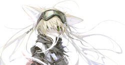 Rule 34 | 1girl, animal ears, arknights, bad id, bad twitter id, blonde hair, dirty, dirty face, extra ears, eyewear on head, floating hair, fox ears, goggles, goggles on head, green eyes, hair between eyes, highres, id card, long hair, looking at viewer, official alternate costume, scarf, sho (sho lwlw), suzuran (arknights), suzuran (lostlands flowering) (arknights), torn clothes, upper body, white background