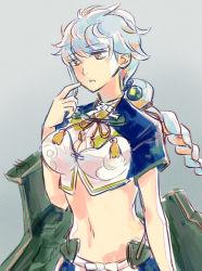 Rule 34 | 10s, 1girl, amine, braid, brown eyes, cleavage cutout, clothing cutout, crop top, finger to face, gradient background, kantai collection, long hair, messy hair, midriff, navel, solo, stomach, unryuu (kancolle), upper body, white hair, yoshimizu amine