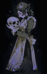 Rule 34 | 1girl, apron, ashley graves, black background, black hair, dress, frills, highres, holding, holding skull, long sleeves, looking at object, luobxd, maid, maid apron, pink eyes, ponytail, simple background, skull, solo, the coffin of andy and leyley
