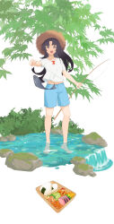 Rule 34 | 1girl, :d, absurdres, alternate costume, arknights, barefoot, black hair, blue shorts, brown eyes, brown hat, facial mark, fish, fish (food), fishing, fishing rod, food, food request, forehead mark, full body, hat, highres, holding, holding fishing rod, long hair, looking at viewer, midriff peek, onigiri, open mouth, parted bangs, rock, saga (arknights), shirt, short sleeves, shorts, simple background, slu w, smile, standing, straw hat, wading, water, white background, white shirt