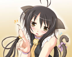 Rule 34 | 1girl, ahoge, animal ears, bell, blush, cat ears, cat tail, claws, face, fangs, jingle bell, long hair, open mouth, original, pointing, sakuraebi chima, solo, tail, twintails, yellow eyes