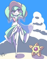 1girl :&gt; adjusting_clothes adjusting_headwear artist_name blue_sky blush blush_stickers bob_cut closed_mouth clothed_pokemon cloud colored_skin creatures_(company) day female_focus flat_chest full_body game_freak gardevoir gem gen_1_pokemon gen_3_pokemon green_hair green_skin hair_between_eyes hands_up happy hat highres ikaru_hertz legs looking_at_another looking_down looking_to_the_side multicolored_skin nintendo no_feet outdoors pink_eyes pokemon pokemon_(creature) red_gemstone see-through_clothes see-through_shirt shirt short_hair short_sleeves signature sketch sky smile standing starfish staryu sun_hat two-tone_skin white_skin yellow_hat