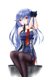 Rule 34 | 1girl, adjusting hair, alternate hairstyle, azur lane, bare shoulders, black gloves, black pantyhose, black ribbon, blue dress, blue hair, blush, braid, breasts, character name, cleavage cutout, clothing cutout, collared dress, dress, essex (azur lane), eyelashes, floating hair, french braid, gloves, hair ribbon, hands up, highres, holding, holding ribbon, koki110-6, legs together, long hair, looking at viewer, medium breasts, mouth hold, necktie, pantyhose, red eyes, red neckwear, ribbon, ribbon in mouth, short dress, simple background, sitting, sleeveless, sleeveless dress, underbust