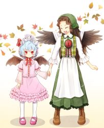 Rule 34 | 2girls, adapted costume, alternate costume, alternate headwear, bat wings, black wings, blue hair, blush, bonnet, boots, cape, chin strap, cross-laced footwear, dress, closed eyes, full body, holding hands, head scarf, lace-up boots, layered dress, leaf, long hair, long sleeves, looking at another, mary janes, morioka itari, multiple girls, open mouth, pink dress, polka dot, puffy sleeves, red eyes, reiuji utsuho, remilia scarlet, shoes, short hair, simple background, smile, third eye, touhou, vest, white background, white legwear, wide sleeves, wings