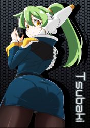 Rule 34 | 1girl, ass, black pantyhose, borrowed character, character name, curvy, female focus, from behind, green hair, gun, highres, hip focus, holding, long hair, looking back, mayoi89g, orange eyes, original, pantyhose, ponytail, smile, solo, thighs, weapon, yellow eyes
