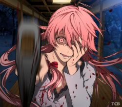 Rule 34 | 1girl, artist name, axe, blood, blood on clothes, commentary, covering one eye, crazy eyes, gasai yuno, hair between eyes, hand on own face, highres, holding, holding axe, incoming attack, long hair, looking at viewer, mirai nikki, motion blur, night, open mouth, pink eyes, pink hair, pov, solo, tcb, upper body, yandere