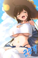 Rule 34 | 1girl, :d, absurdres, ahoge, bandaid, bandaid on cheek, bandaid on face, black jacket, blue shorts, breasts, brown hair, brown hat, cleavage, cleavage cutout, clothing cutout, cloud, commission, creatures (company), crop top, crop top overhang, fang, flower, game freak, hat, hat flower, highleg, highres, jacket, large breasts, long hair, looking at viewer, micro shorts, midriff, navel, nintendo, no bra, off shoulder, open clothes, open fly, open jacket, open mouth, orange eyes, outdoors, pokemon, pokemon sm, second-party source, shirt, shorts, sightseer (pokemon), sitting, smile, solo, stomach, straw hat, sunlight, thighhighs, thighs, twin (tt lsh), underboob, whale tail (clothing), white shirt, white thighhighs