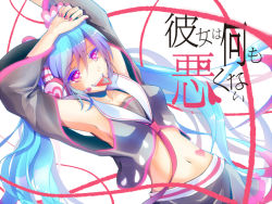 Rule 34 | 1girl, armpits, arms up, blue hair, breasts, copyright name, detached sleeves, hatsune miku, heart, heart-shaped pupils, long hair, midriff, nail polish, navel, ninomae-ito, open mouth, purple eyes, solo, symbol-shaped pupils, tongue, tongue out, twintails, very long hair, vocaloid, white background