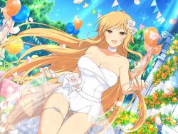 Rule 34 | 1girl, balloon, blue sky, blush, breasts, bride, choker, cleavage, cloud, day, dress, falling petals, flower, gluteal fold, grass, kumi (senran kagura), large breasts, leaf, lens flare, long hair, looking at viewer, nontraditional wedding dress, official alternate costume, official art, open mouth, orange flower, orange hair, orange rose, outdoors, petals, pink flower, pink rose, plant, red eyes, rose, see-through, see-through dress, senran kagura, senran kagura new link, senran kagura new wave, short shorts, shorts, skindentation, sky, slit pupils, smile, solo, sparkle, standing, string of flags, table, tablecloth, thigh strap, tree, very long hair, wedding, wedding dress, white choker, white flower, yaegashi nan, yellow flower, yellow rose