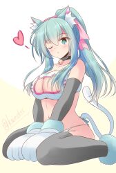 Rule 34 | 1girl, alternate costume, animal ears, animal hands, aqua eyes, aqua hair, arm warmers, black thighhighs, blush, bra, breasts, cat cutout, cat ears, cat lingerie, cat paws, cat tail, cleavage cutout, clothing cutout, gradient background, hair between eyes, hair ornament, hairclip, highres, kantai collection, large breasts, long hair, looking at viewer, meme attire, navel, panties, ponytail, shizuna kaede, side-tie panties, sitting, solo, suzuya (kancolle), tail, thighhighs, underwear, wariza, yellow background