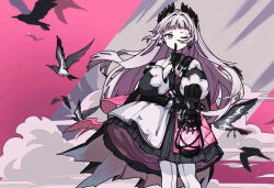 Rule 34 | 1girl, ammunition belt, arknights, bird, black dress, black gloves, dress, earrings, feet out of frame, finger to mouth, gloves, grey eyes, grey hair, gun, handgun, head wings, highres, holding, holding lantern, holstered, index finger raised, irene (arknights), jewelry, lantern, long hair, long sleeves, looking at viewer, multicolored clothes, multicolored dress, one eye closed, pantyhose, pink dress, pink pupils, pink ribbon, ribbon, scar, scar across eye, shakin, shushing, solo, standing, very long hair, weapon, white dress, white pantyhose, wings