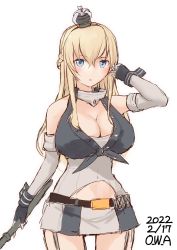 Rule 34 | 1girl, artist name, belt, blonde hair, blue eyes, braid, breasts, cleavage, corset, cosplay, cowboy shot, dated, detached sleeves, fingerless gloves, french braid, front-tie top, garter straps, gloves, highres, iowa (kancolle), iowa (kancolle) (cosplay), kantai collection, large breasts, long hair, miniskirt, one-hour drawing challenge, owa (ishtail), scepter, skirt, solo, striped clothes, striped skirt, vertical-striped clothes, vertical-striped skirt, warspite (kancolle)