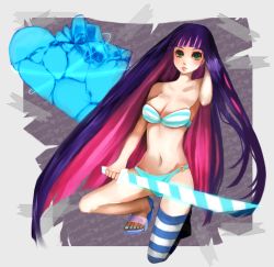 Rule 34 | 10s, 1girl, adjusting hair, artistic error, asymmetrical clothes, bad feet, bandeau, bra, breasts, cleavage, colored inner hair, green eyes, heart, kneeling, lingerie, long hair, momoiro gingham, multicolored hair, nail polish, navel, o-ring, o-ring bottom, on one knee, panties, panty &amp; stocking with garterbelt, sandals, single thighhigh, solo, star-shaped pupils, star (symbol), stocking (psg), striped clothes, striped thighhighs, symbol-shaped pupils, thighhighs, two-tone hair, underwear, underwear only, very long hair