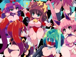 Rule 34 | 6+girls, :&lt;, :d, absurdres, animal ears, ass, axe, bent over, bikini, blue eyes, breasts, brown hair, claws, cleavage, closed mouth, copyright request, dual wielding, elbow gloves, energy sword, gloves, gun, hair ornament, hand up, hands on own hips, highres, holding, holding axe, holding gun, holding wand, holding weapon, large breasts, leotard, lightsaber, long hair, monster girl, multiple girls, navel, open mouth, parted lips, pink eyes, pink hair, purple bikini, purple gloves, purple hair, red leotard, skindentation, smile, standing, standing on one leg, star (symbol), star hair ornament, swimsuit, sword, thighs, visor, wand, weapon, zankuro