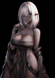 Rule 34 | 1girl, bad id, bad pixiv id, bare shoulders, black dress, black nails, blue eyes, blue gemstone, body markings, breasts, cleavage, collarbone, commentary request, cowboy shot, dark-skinned female, dark elf, dark skin, detached sleeves, dress, dungeons &amp; dragons, earrings, elf, facial mark, gem, hand up, jewelry, large breasts, looking at viewer, multicolored hair, nail polish, necklace, original, parted lips, pelvic curtain, pointy ears, revision, short hair, sidelocks, smile, solo, streaked hair, tan, white hair, yurichtofen