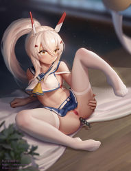 Rule 34 | 1girl, anal, anal beads, anal object insertion, arm support, ayanami (azur lane), azur lane, belt, blurry, blurry background, censored, clothes lift, collarbone, commentary request, depth of field, feet, hair between eyes, hair ornament, hairclip, hand on own thigh, headgear, light particles, long hair, looking away, midriff, mosaic censoring, navel, object insertion, orange eyes, pleated skirt, ponytail, pussy, retrofit (azur lane), sarena, school uniform, serafuku, sex toy, sidelocks, silver hair, sitting, skirt, skirt lift, solo, spread legs, thighhighs, underwear, white thighhighs, wide-eyed, wind chime, wooden floor, zettai ryouiki