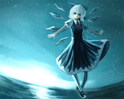 Rule 34 | 1girl, bad id, bad pixiv id, blue dress, blue eyes, blue hair, blue theme, bow, cirno, dress, embodiment of scarlet devil, hair bow, mary janes, night, outstretched arms, pantyhose, parsley-f, shoes, short hair, smile, solo, spread arms, standing, touhou, white pantyhose, wings