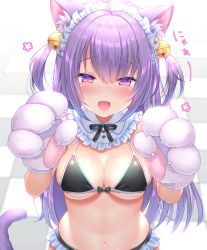 Rule 34 | 1girl, :d, ahoge, animal ears, animal hands, bell, bikini, black bikini, bow, bowtie, breasts, cat ears, cat girl, cat tail, cleavage, detached collar, fang, frills, gloves, headdress, highres, jingle bell, long hair, looking at viewer, medium breasts, navel, open mouth, original, paw gloves, pink eyes, purple hair, smile, solo, stomach, string bikini, swimsuit, tail, two side up, upper body, yuyuko (yuyucocco)