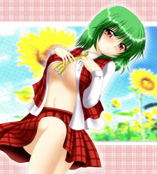 Rule 34 | 1girl, ascot, between breasts, blush, breasts, chitose (pixiv), cleavage, clothes between breasts, female focus, flower, green hair, kagura chitose, kazami yuuka, large breasts, midriff, no bra, open clothes, open shirt, plaid, plaid skirt, plaid vest, red eyes, shirt, skirt, skirt set, solo, sunflower, touhou, underboob, vest