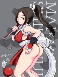Rule 34 | 1girl, ass, breasts, brown eyes, brown hair, cleavage, fatal fury, fingerless gloves, gloves, hand fan, hand on own ass, highres, large breasts, long hair, one eye closed, ponytail, seductive smile, shihu zou, shiranui mai, smile, snk, solo, the king of fighters