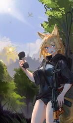 Rule 34 | 1girl, adelie(assaultharpy), aircraft, airplane, animal ears, assaultharpy, bare legs, blonde hair, blue eyes, chinese commentary, commentary request, corded phone, explosion, fox ears, fox girl, fox tail, highres, holding, holding phone, holding weapon, looking at viewer, military uniform, original, phone, smile, solo, tail, uniform, weapon
