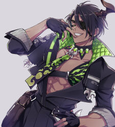Rule 34 | 1boy, abs, absurdres, aragami oga, belt, belt pouch, black hair, black shirt, chest guard, cm10th, collar, dark-skinned male, dark skin, earrings, eyepatch, finger to mouth, gem, gloves, green eyes, green gemstone, grey background, grin, hair between eyes, hand on own hip, hand up, high collar, highres, holostars, horns, jewelry, looking at viewer, male focus, necktie, open clothes, open shirt, partially fingerless gloves, pectoral cleavage, pectorals, pouch, sam browne belt, sharp teeth, shirt, simple background, single earring, single horn, smile, solo, teeth, upper body, virtual youtuber