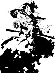 Rule 34 | 1girl, aiming, blonde hair, bow, braid, broom, dena.ei, dress, frown, greyscale, hat, hat bow, high contrast, highres, kirisame marisa, long hair, mini-hakkero, monochrome, parted lips, serious, simple background, sketch, solo, star (symbol), touhou, white background, witch hat