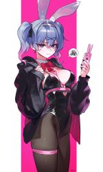 Rule 34 | 1girl, animal ears, annoyed, black leotard, black nails, black pantyhose, black ribbon, blue eyes, blue hair, bow, bowtie, breasts, cleavage, hair intakes, hair ornament, hairband, handot (d yot ), hatsune miku, heart, highres, holding, holding phone, jacket, leotard, looking at viewer, medium breasts, multicolored hair, open clothes, open jacket, pantyhose, phone, pink pupils, playboy bunny, pure pure (rabbit hole), rabbit ears, rabbit hole (vocaloid), red bow, red bowtie, ribbon, short twintails, sidelocks, solo, standing, streaked hair, symbol-shaped pupils, teardrop facial mark, thigh strap, twintails, vocaloid, white background, x hair ornament