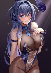 Rule 34 | 1girl, :3, absurdres, animal ears, arm strap, azur lane, bare shoulders, blue eyes, blue hair, blue necktie, blush, bodysuit, breasts, cleavage, closed mouth, commentary, crossed bangs, fake animal ears, hair intakes, hand on own chest, highres, large breasts, leotard, long hair, looking at viewer, navel, necktie, new jersey (azur lane), new jersey (exhilarating steps!) (azur lane), official alternate costume, onedoo, playboy bunny, rabbit ears, see-through, see-through cleavage, see-through leotard, smile, symbol-only commentary